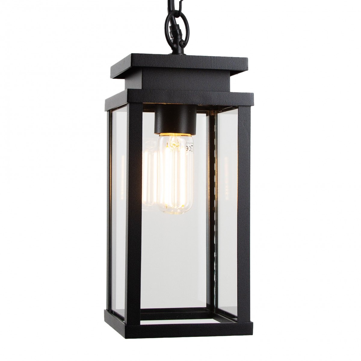 Lampe suspendue d'extérieur cadre noir avec verre transparent sur une chaîne avec plaque de plafond, lampe de véranda de KS Lighting