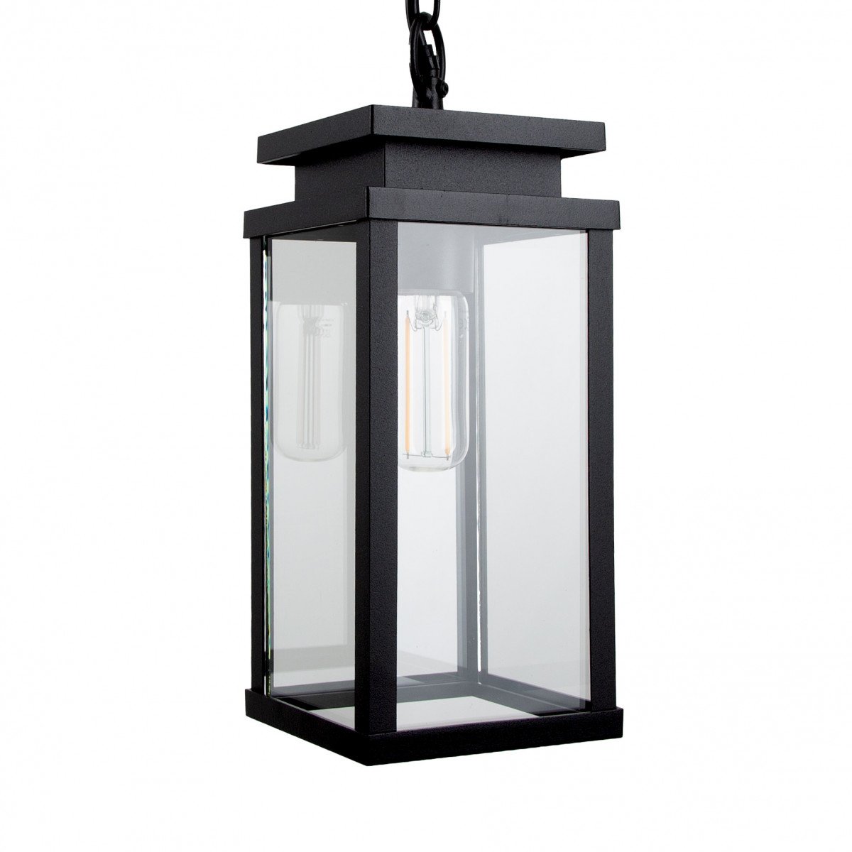 Lampe suspendue d'extérieur cadre noir avec verre transparent sur une chaîne avec plaque de plafond, lampe de véranda de KS Lighting