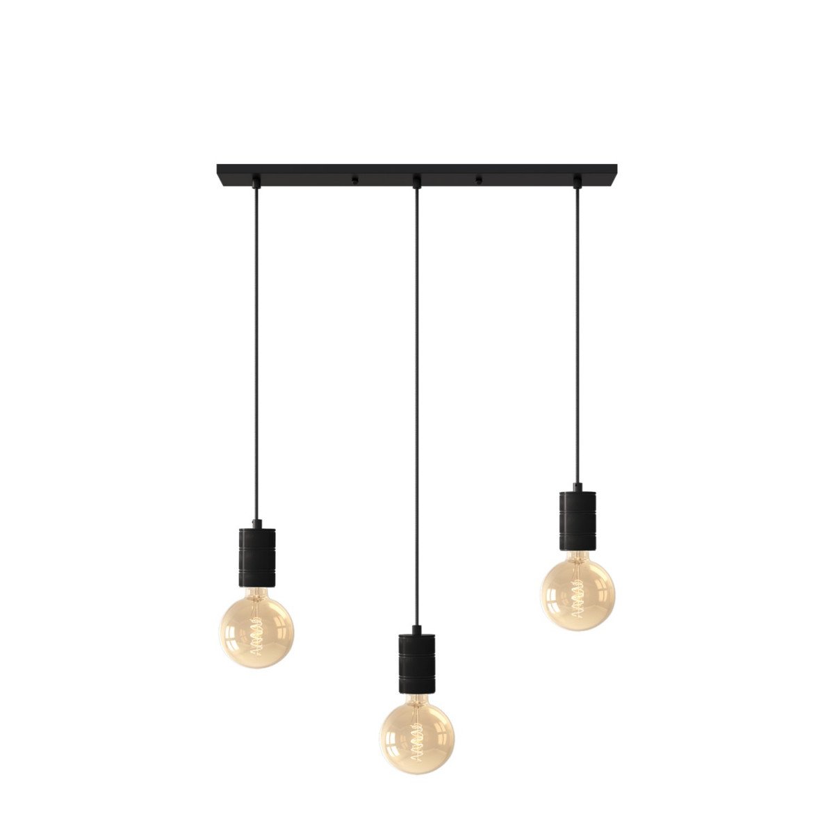 Suspension Calex de forme rectangulaire comprenant trois douilles E27 de style industriel et de couleur noire