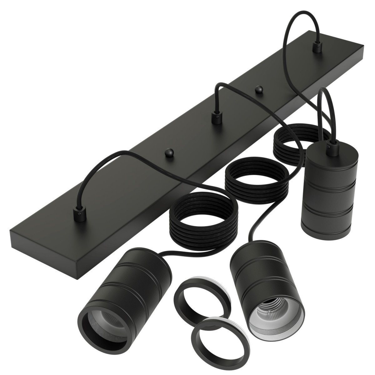 Suspension Calex de forme rectangulaire comprenant trois douilles E27 de style industriel et de couleur noire