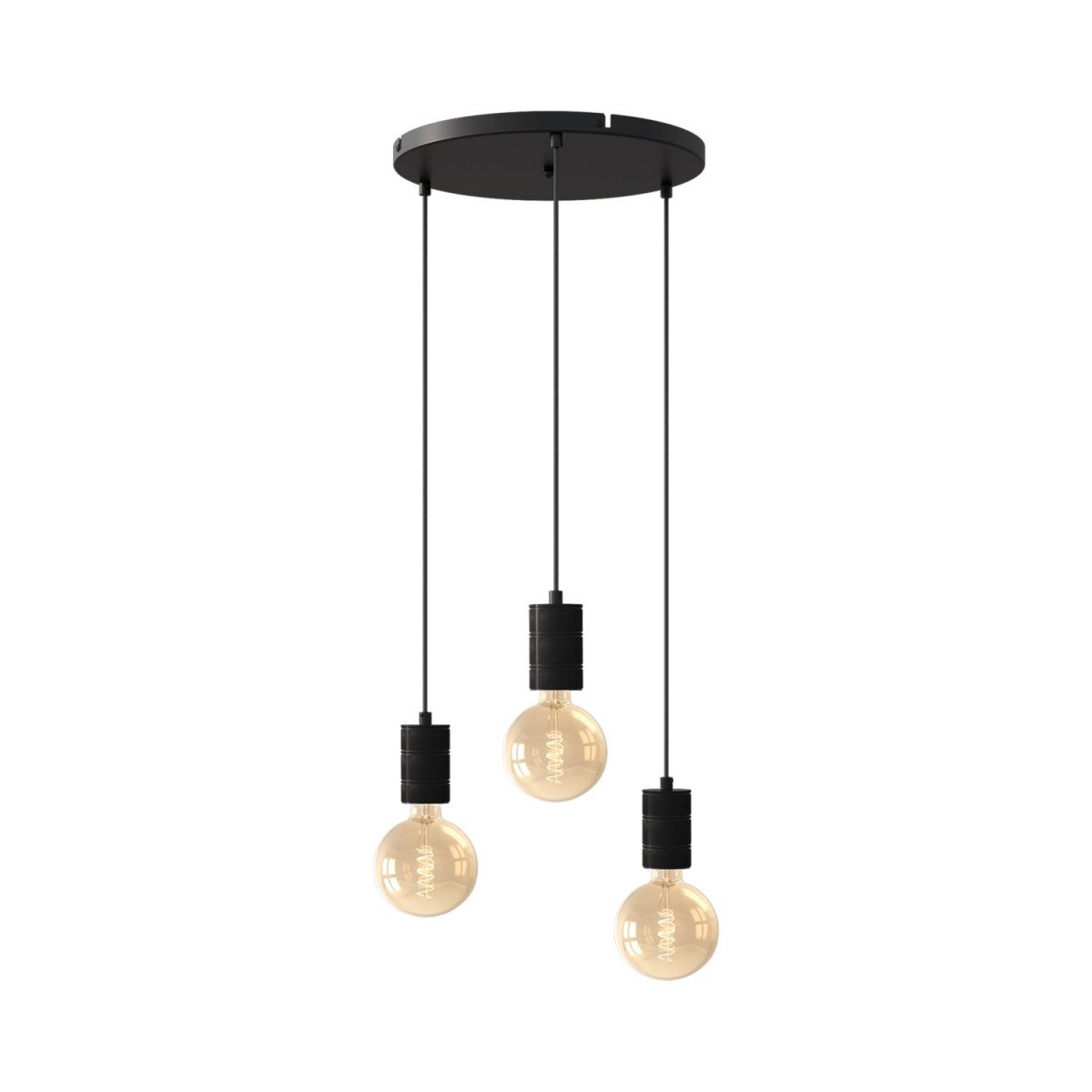 Suspension Calex de forme ronde comprenant trois douilles E27 de style industriel et de couleur noire