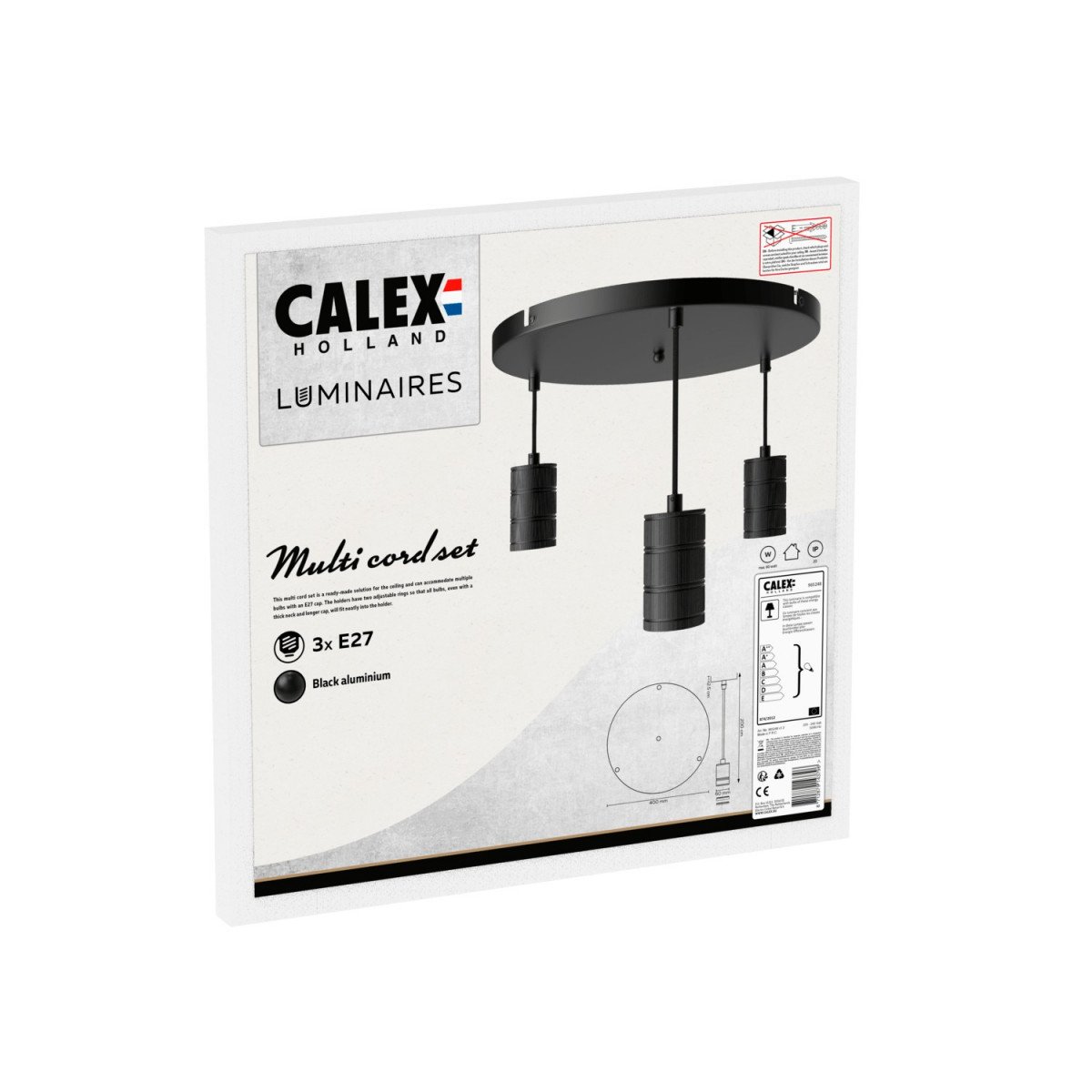 Suspension Calex de forme ronde comprenant trois douilles E27 de style industriel et de couleur noire