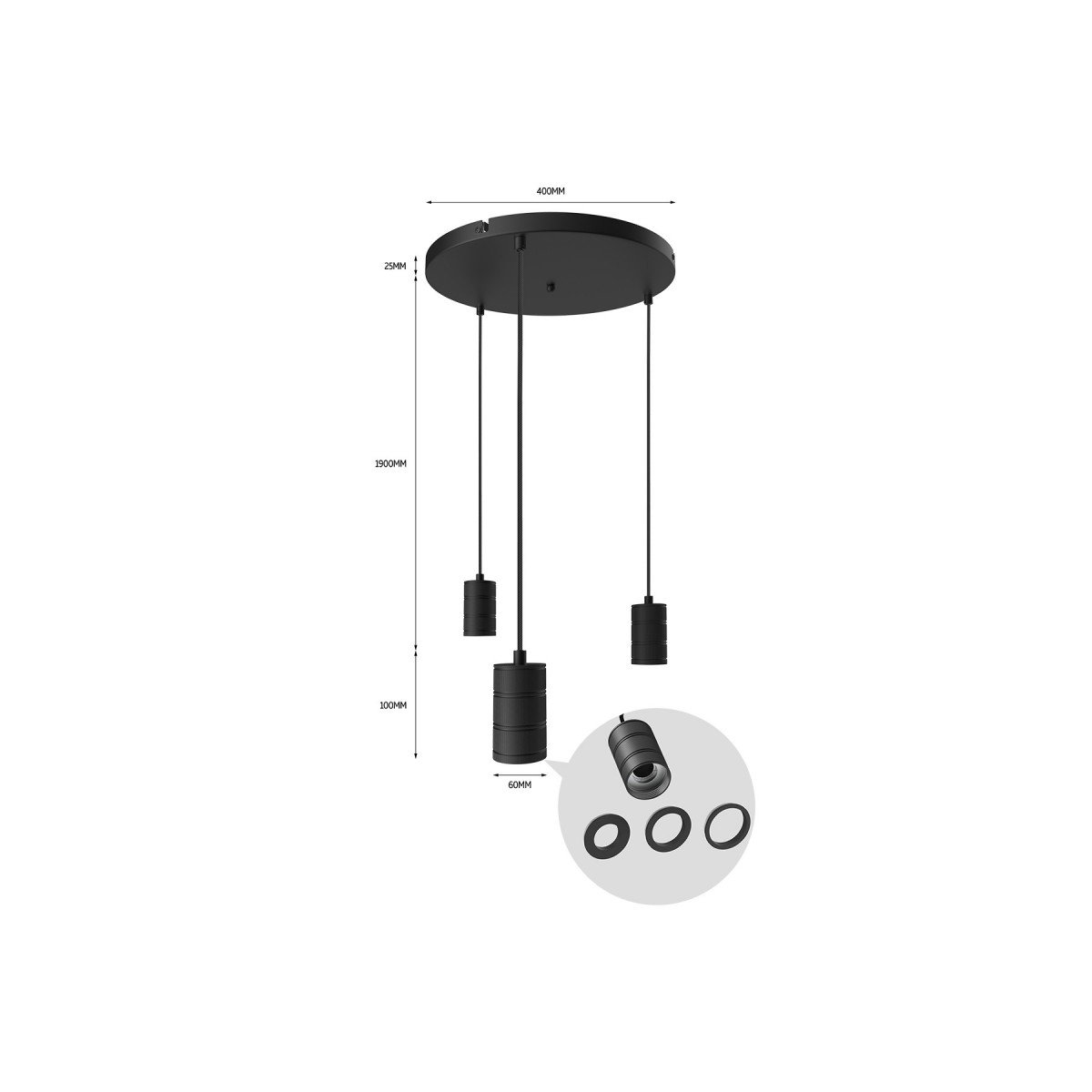 Suspension Calex de forme ronde comprenant trois douilles E27 de style industriel et de couleur noire