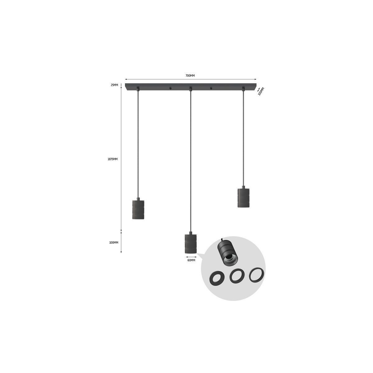 Suspension Calex de forme rectangulaire comprenant trois douilles E27 de style industriel et de couleur noire