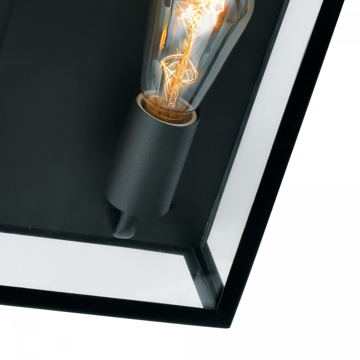 Plafonnier au design élégant et moderne, cadre carré en acier inoxydable avec revêtement anodisé, vitrage transparent, 2 ampoules x E27 visibles, peut également être accroché comme applique murale