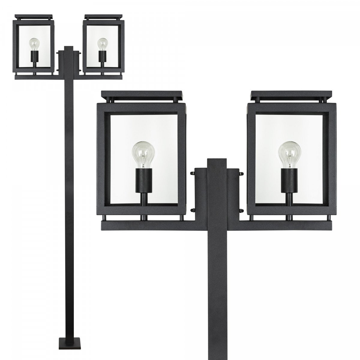 Lampadaire de jardin épuré, noir, modèle Vecht 2-lumières, deux douilles E27 (KS-Lighting)