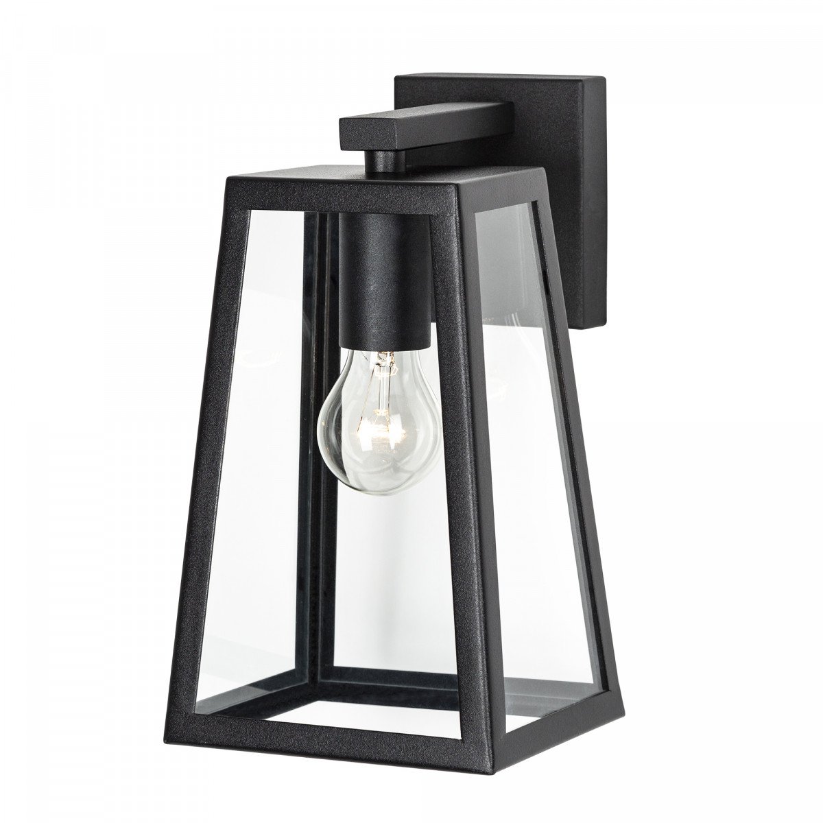 Lampe murale d'extérieur au design épuré, noir, boîtier noir avec verre clair, culot noir avec ampoule visible 