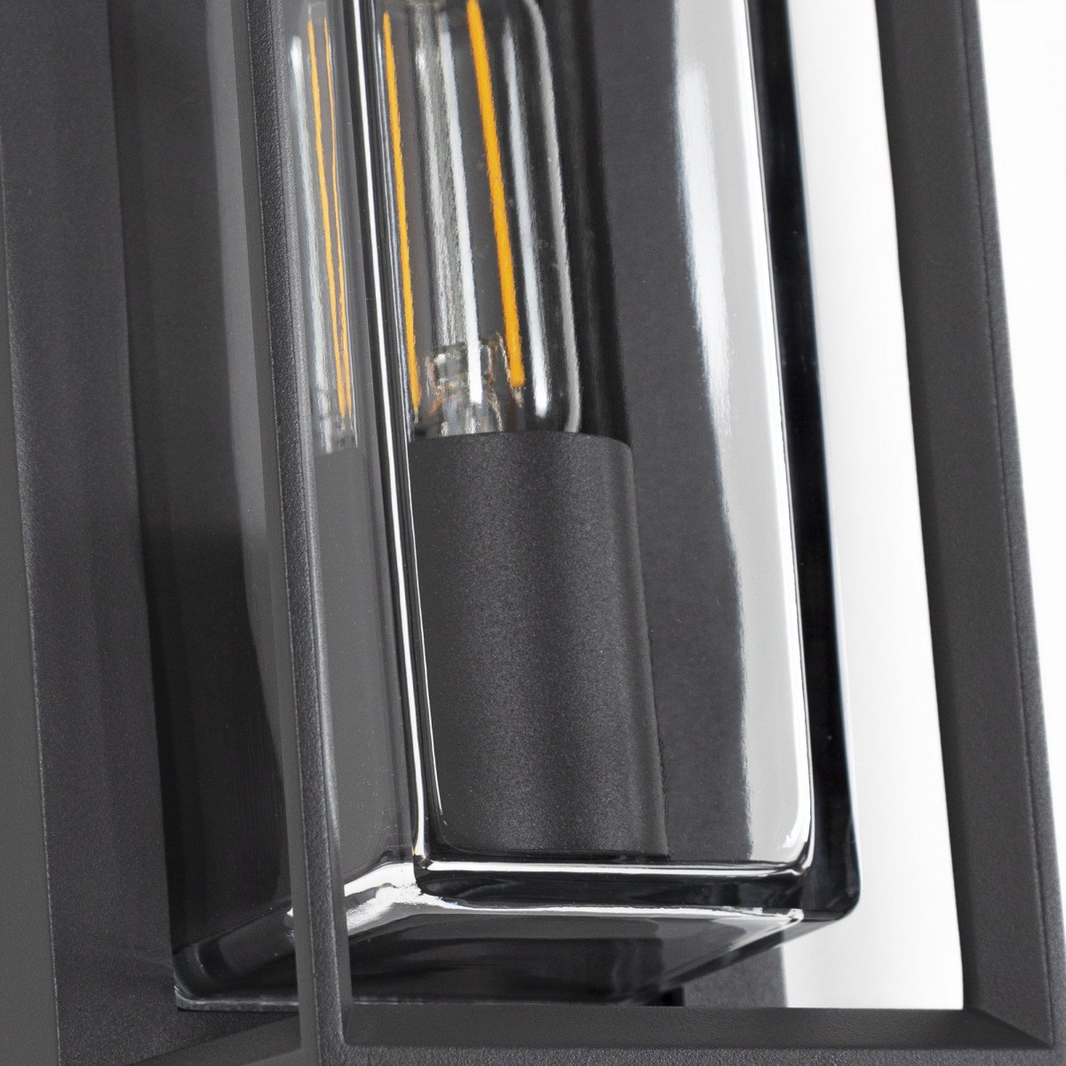 Applique moderne anthracite, design de boîte moderne, cadre gris foncé avec verre rectangulaire transparent, la source de lumière est visible dans le modèle de luminaire Eaton