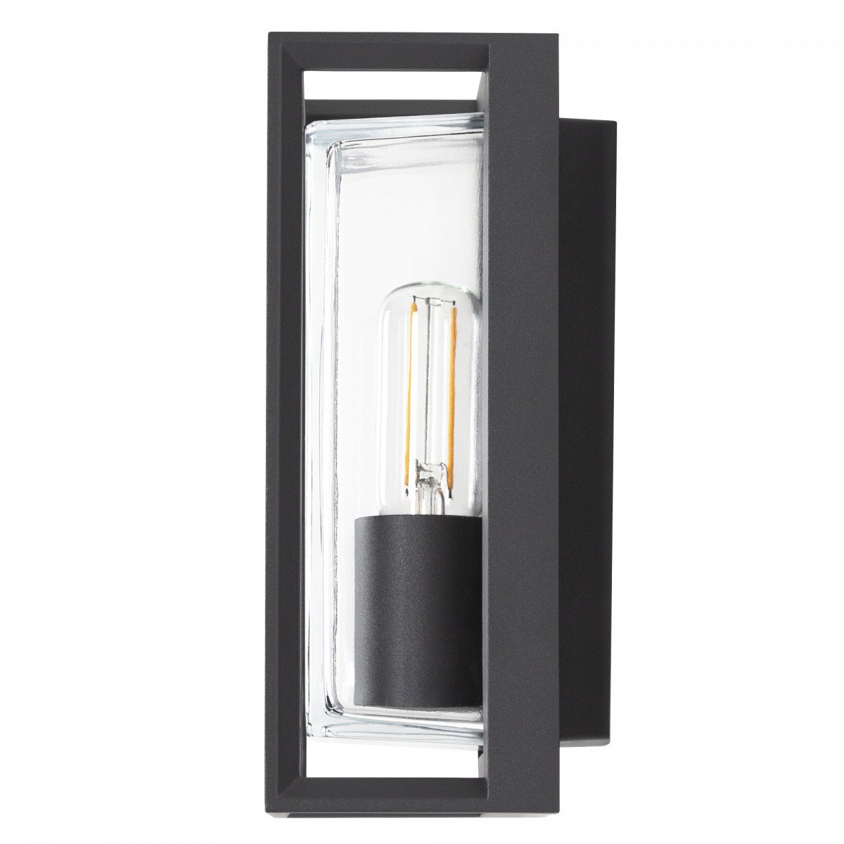 Applique moderne anthracite, design de boîte moderne, cadre gris foncé avec verre rectangulaire transparent, la source de lumière est visible dans le modèle de luminaire Eaton