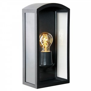 Lampe murale noire d'extérieur avec grande surface de verre clair, épuré, moderne avec un caractère classique, applique de façade, avec arrière plat. 