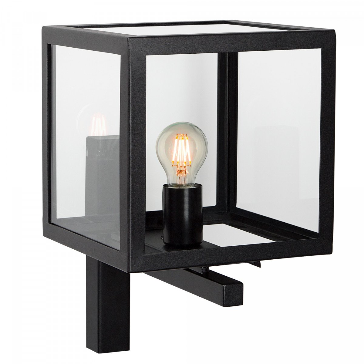 Lampe d'extérieur noire, acier inoxydable, boîtier design moderne, lampe de forme carrée avec verre clair, ampoule visible , petit support mural