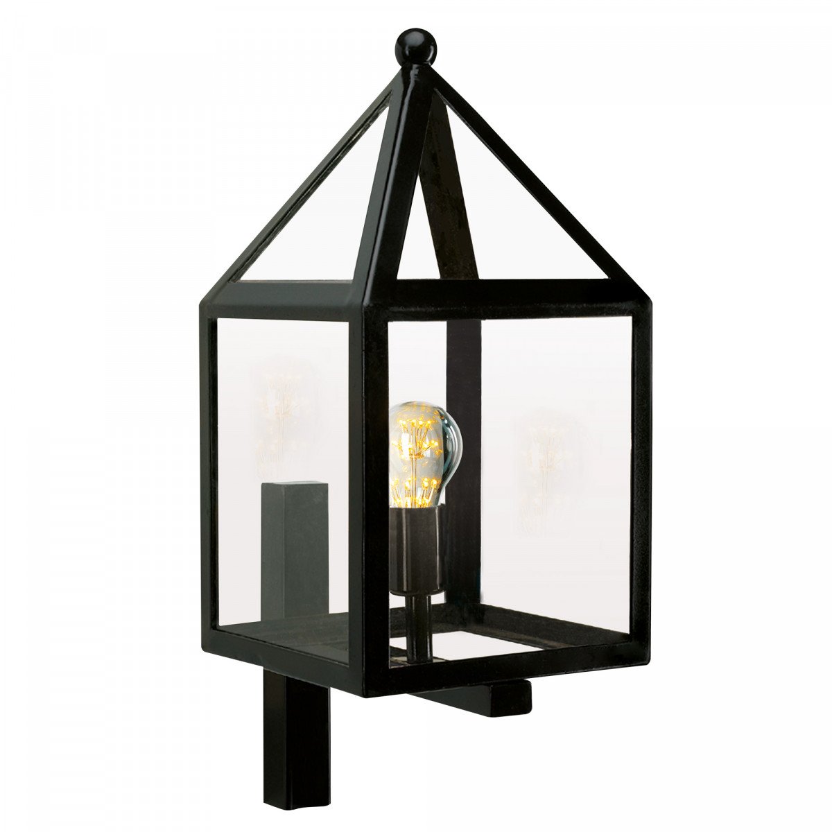 applique d'extérieur noire avec boîtier en acier inoxydable, verre clair, ampoule visible dans le luminaire, forme maisons 