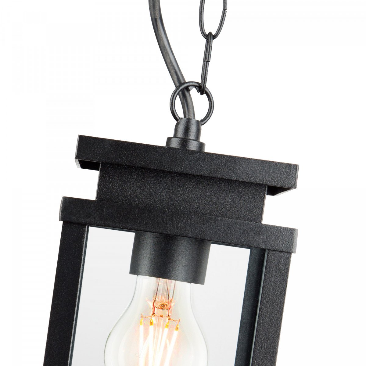 Lampe suspendue d'extérieur cadre noir avec verre transparent sur une chaîne avec plaque de plafond, lampe de véranda de KS Lighting