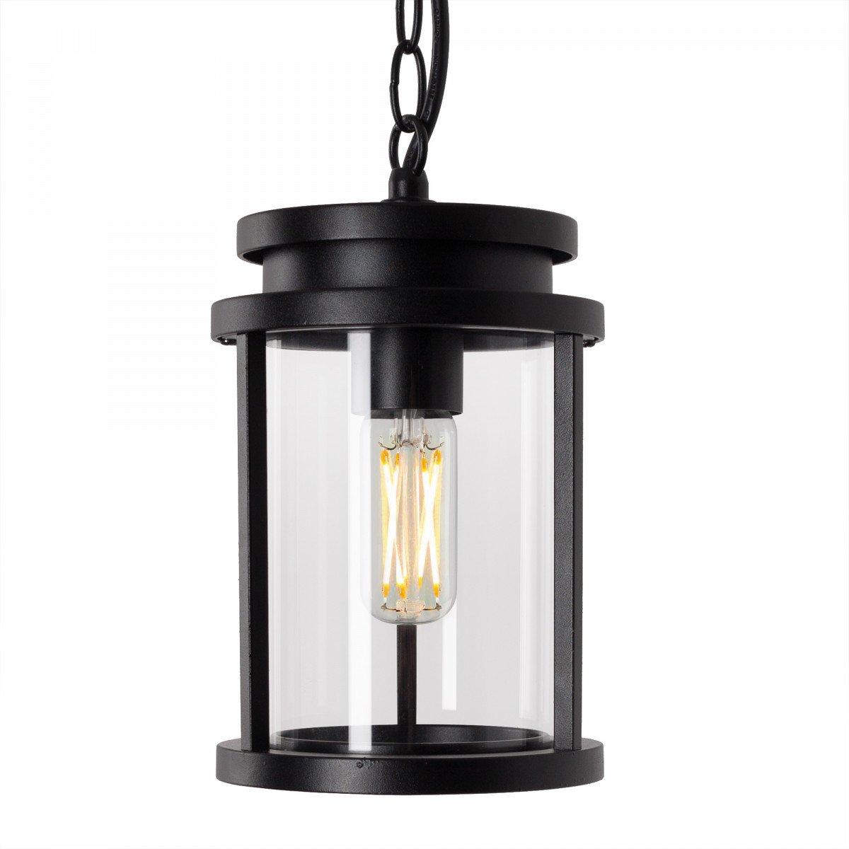 lampe suspendue d'extérieur sur une chaîne, cadre noir, abat-jour lanterne cylindrique, y compris plaque de plafond, design moderne classique élégant