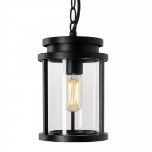 lampe suspendue d'extérieur sur une chaîne, cadre noir, abat-jour lanterne cylindrique, y compris plaque de plafond, design moderne classique élégant lampe suspendue d'extérieur sur une chaîne, cadre noir, abat-jour lanterne cylindrique, y compris plaque de plafond, design moderne classique élégant