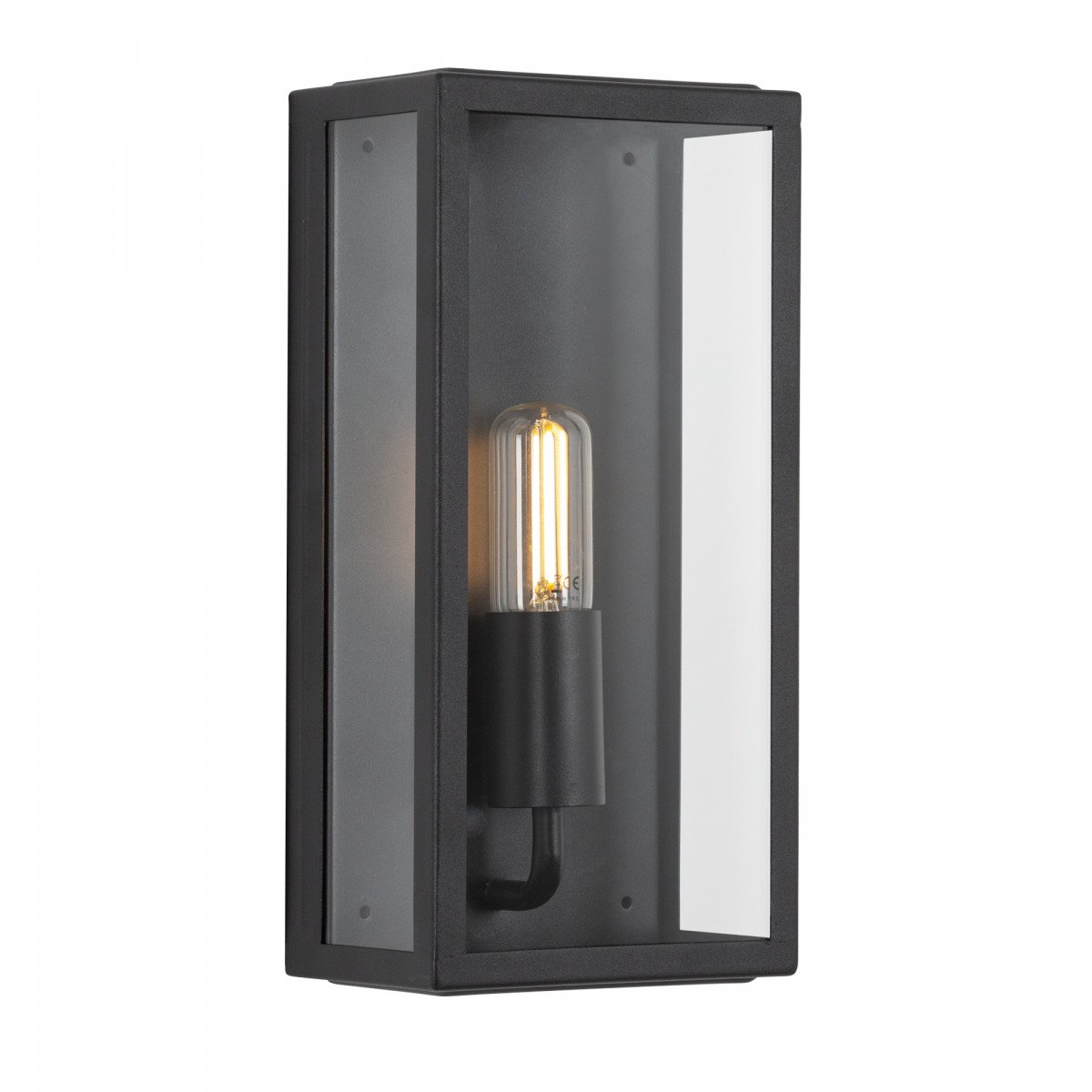 Applique noire pour l'extérieur avec un grand vitrage transparent dans une lampe de façade élégante et moderne avec un support plat