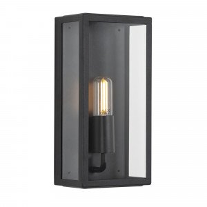 Lampe murale noire d'extérieur avec grande surface de verre clair, épuré, moderne avec un caractère classique, applique de façade, avec arrière plat. 