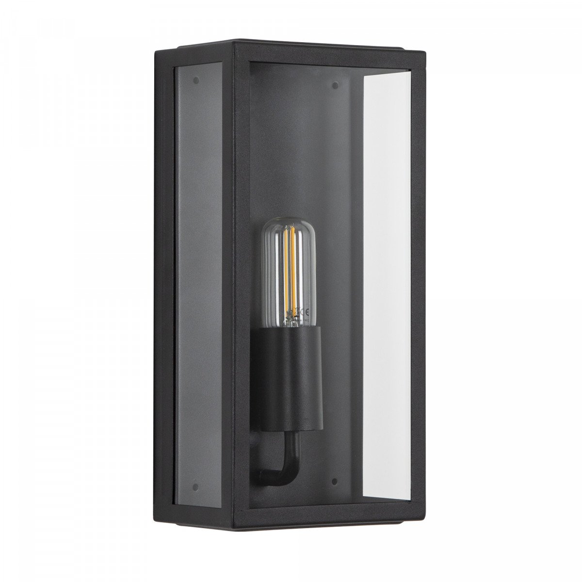 Applique noire pour l'extérieur avec un grand vitrage transparent dans une lampe de façade élégante et moderne avec un support plat