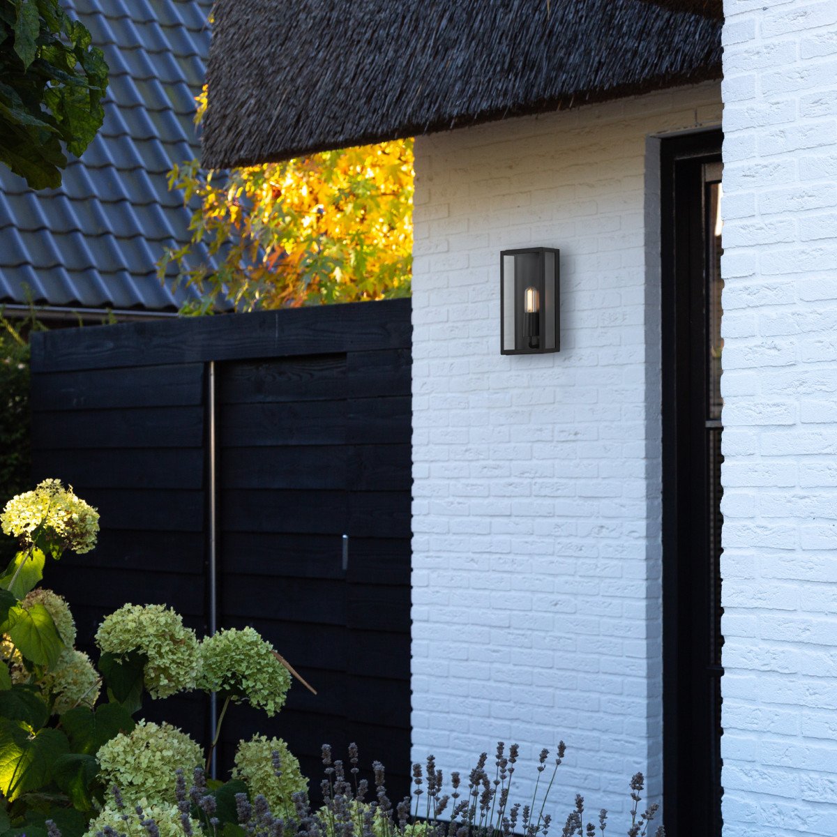 Applique noire pour l'extérieur avec un grand vitrage transparent dans une lampe de façade élégante et moderne avec un support plat