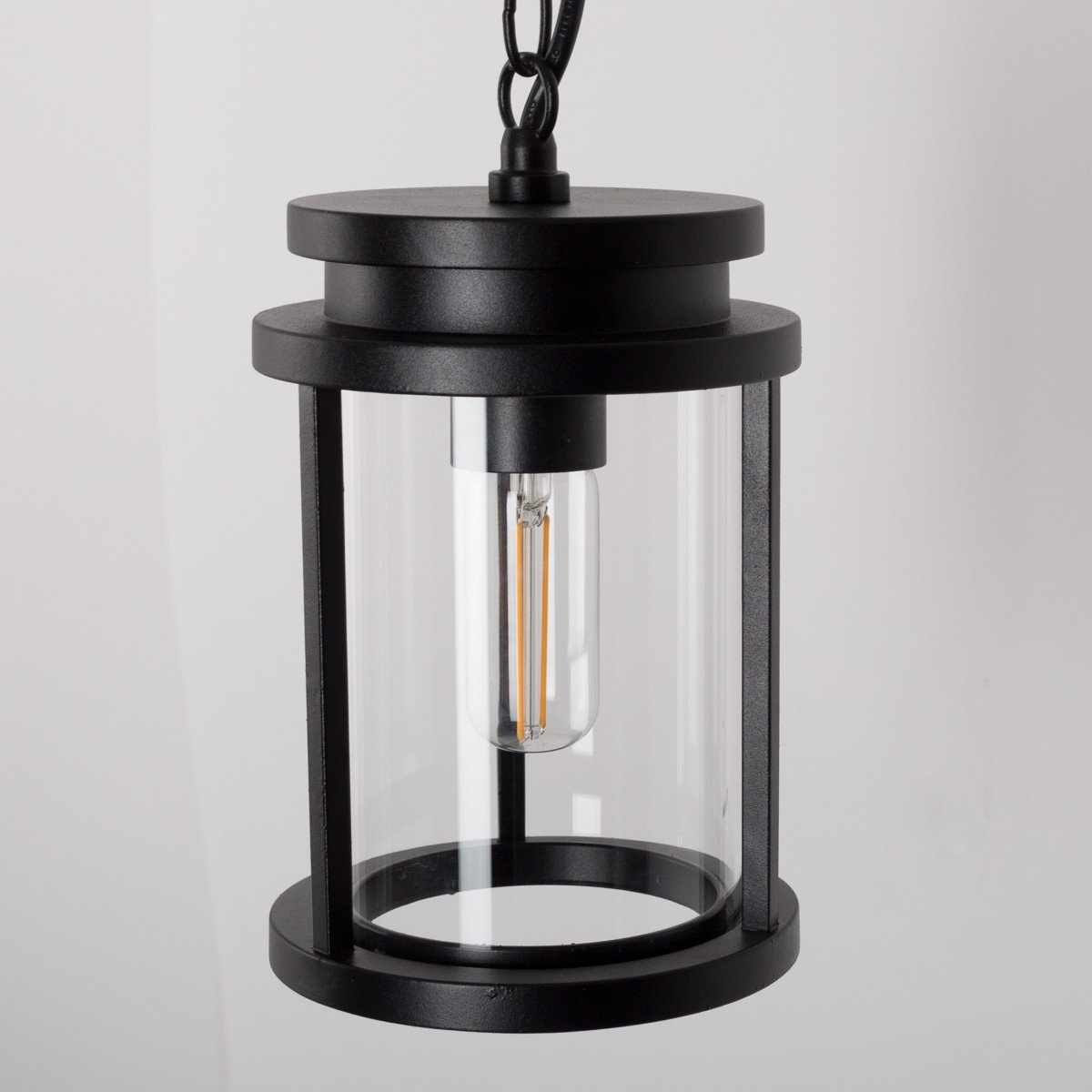 lampe suspendue d'extérieur sur une chaîne, cadre noir, abat-jour lanterne cylindrique, y compris plaque de plafond, design moderne classique élégant