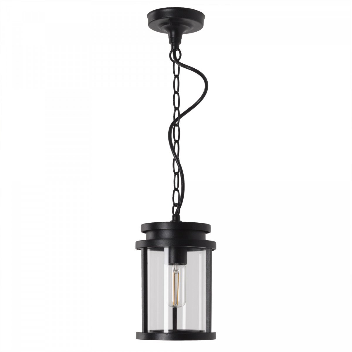 lampe suspendue d'extérieur sur une chaîne, cadre noir, abat-jour lanterne cylindrique, y compris plaque de plafond, design moderne classique élégant