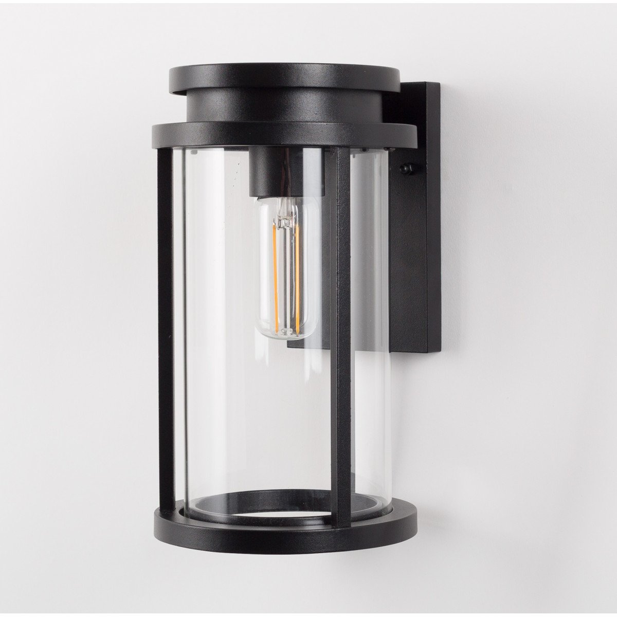 Lampe d'extérieur, noire, plaque arrière de fixation noire rectangulaire, abat-jour lanterne cylindrique avec verre clair, culot E27, éclairage moderne et élégant pour l'extérieur 