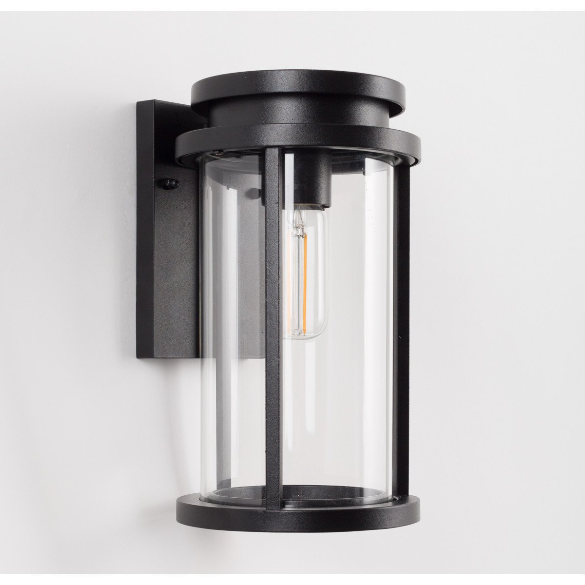 Lampe d'extérieur, noire, plaque arrière de fixation noire rectangulaire, abat-jour lanterne cylindrique avec verre clair, culot E27, éclairage moderne et élégant pour l'extérieur 