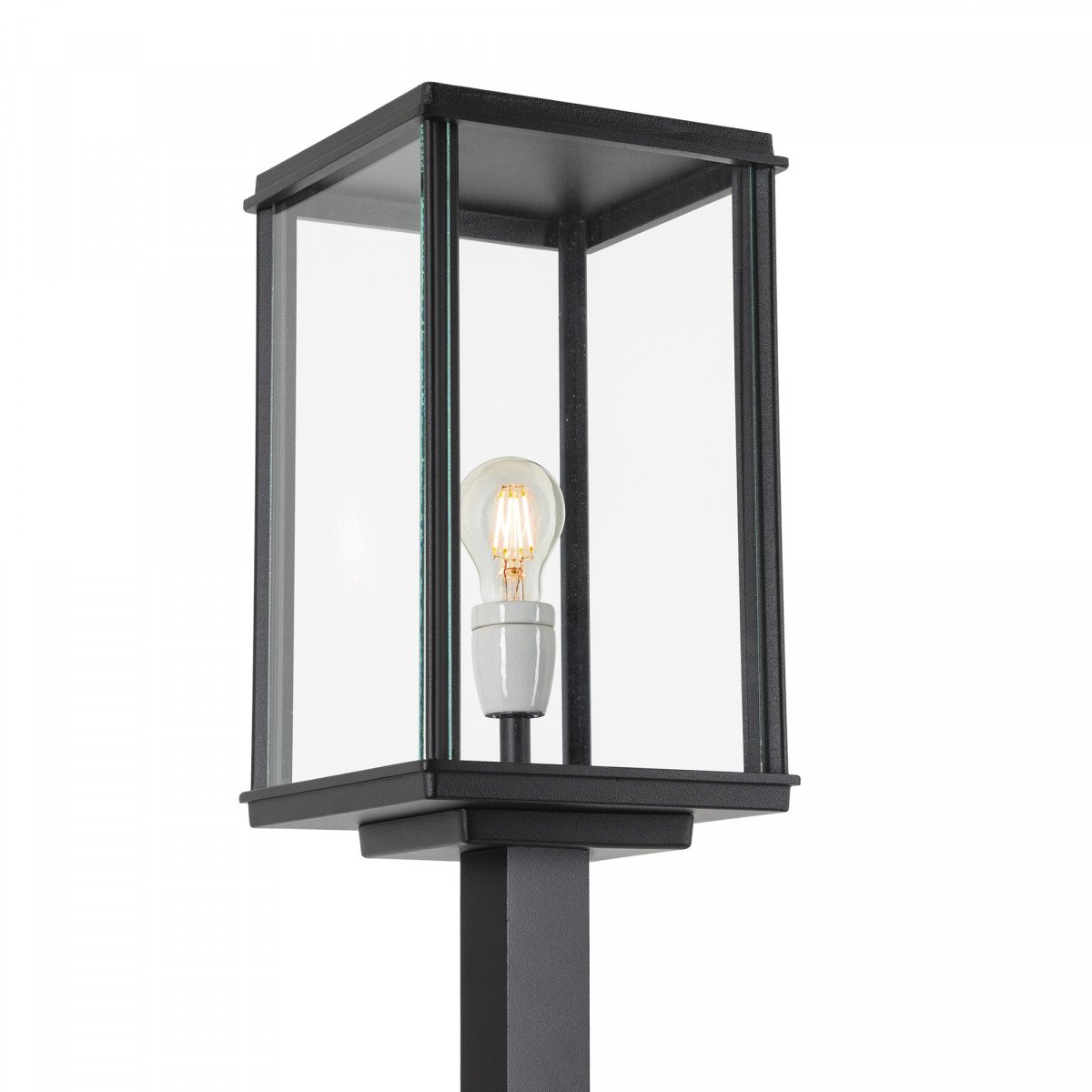 lampadaire de forme carrée avec de grandes fenêtres en verre de couleur noire