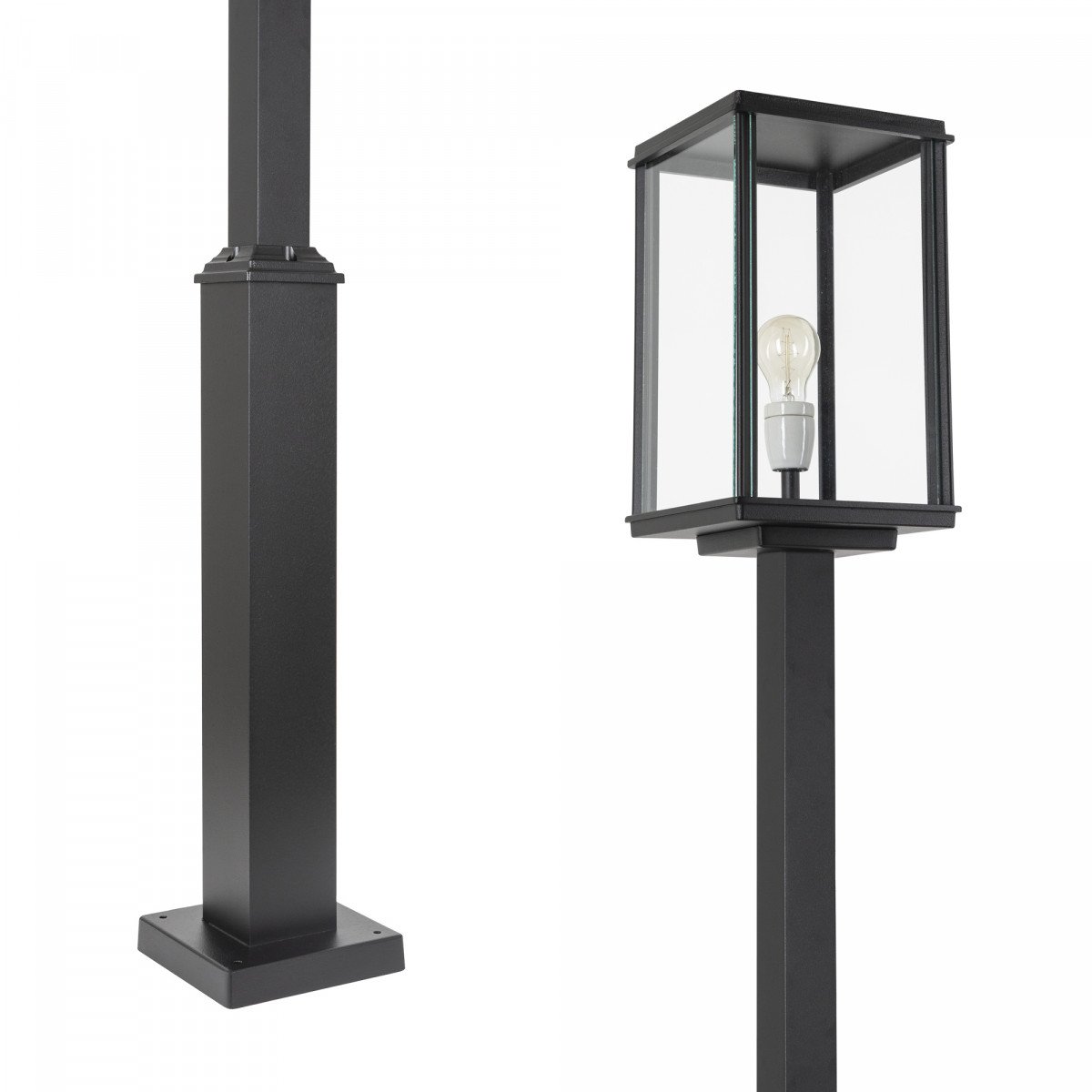lampadaire de forme carrée avec de grandes fenêtres en verre de couleur noire