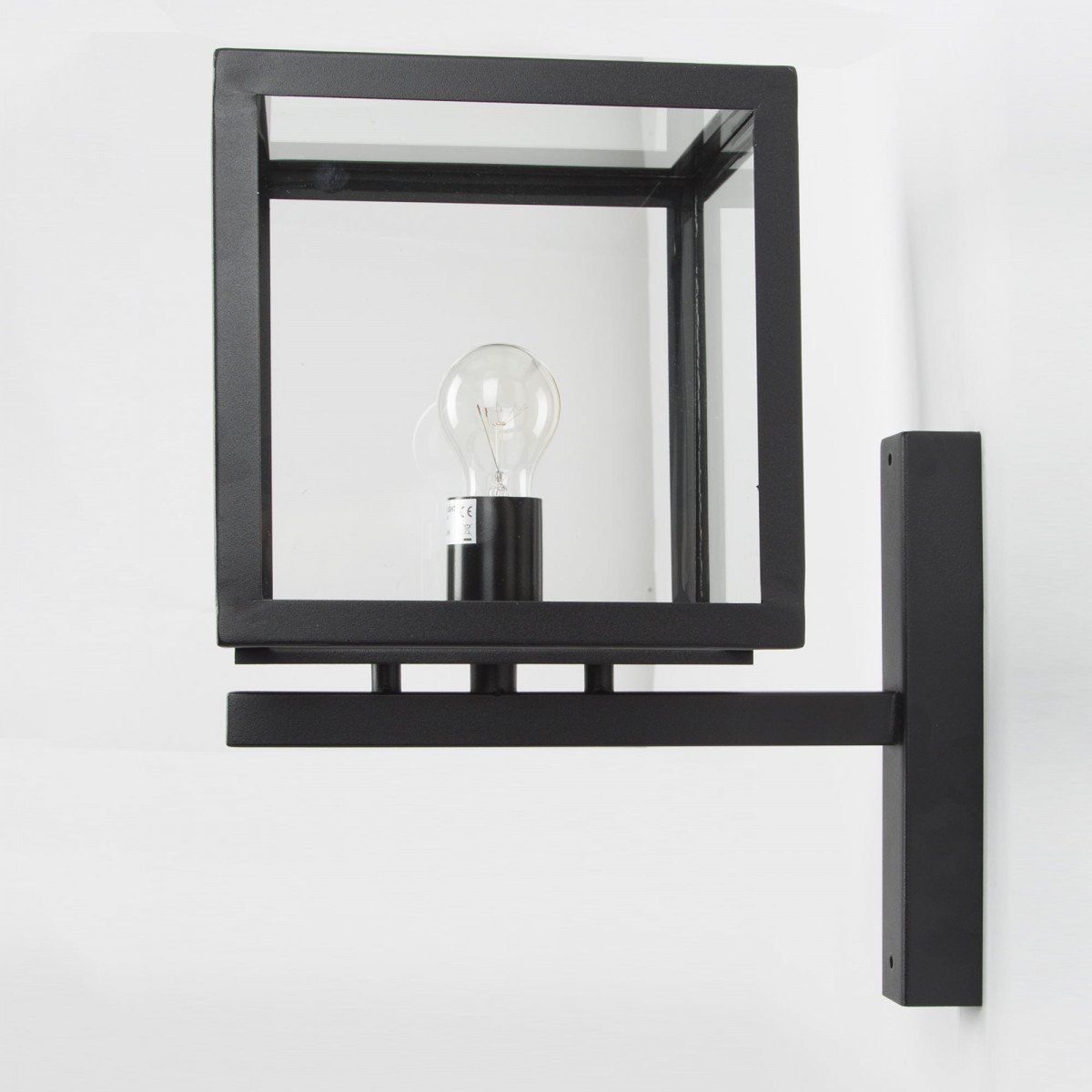 Lampe d'extérieur noire, acier inoxydable, boîtier design moderne, lampe de forme carrée avec verre clair, ampoule visible , petit support mural