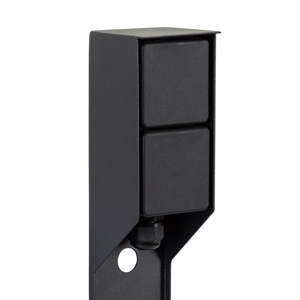 Prise extérieure noire avec piquet pratique et deux points de courant pour éclairage de jardin.