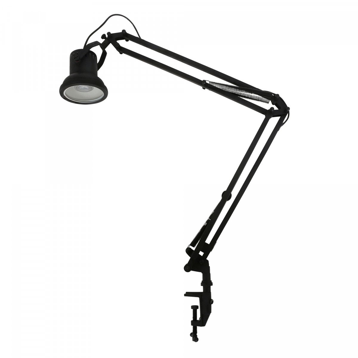 lampe de table industrielle en laiton avec étau et bras articulé, couleur noir mat