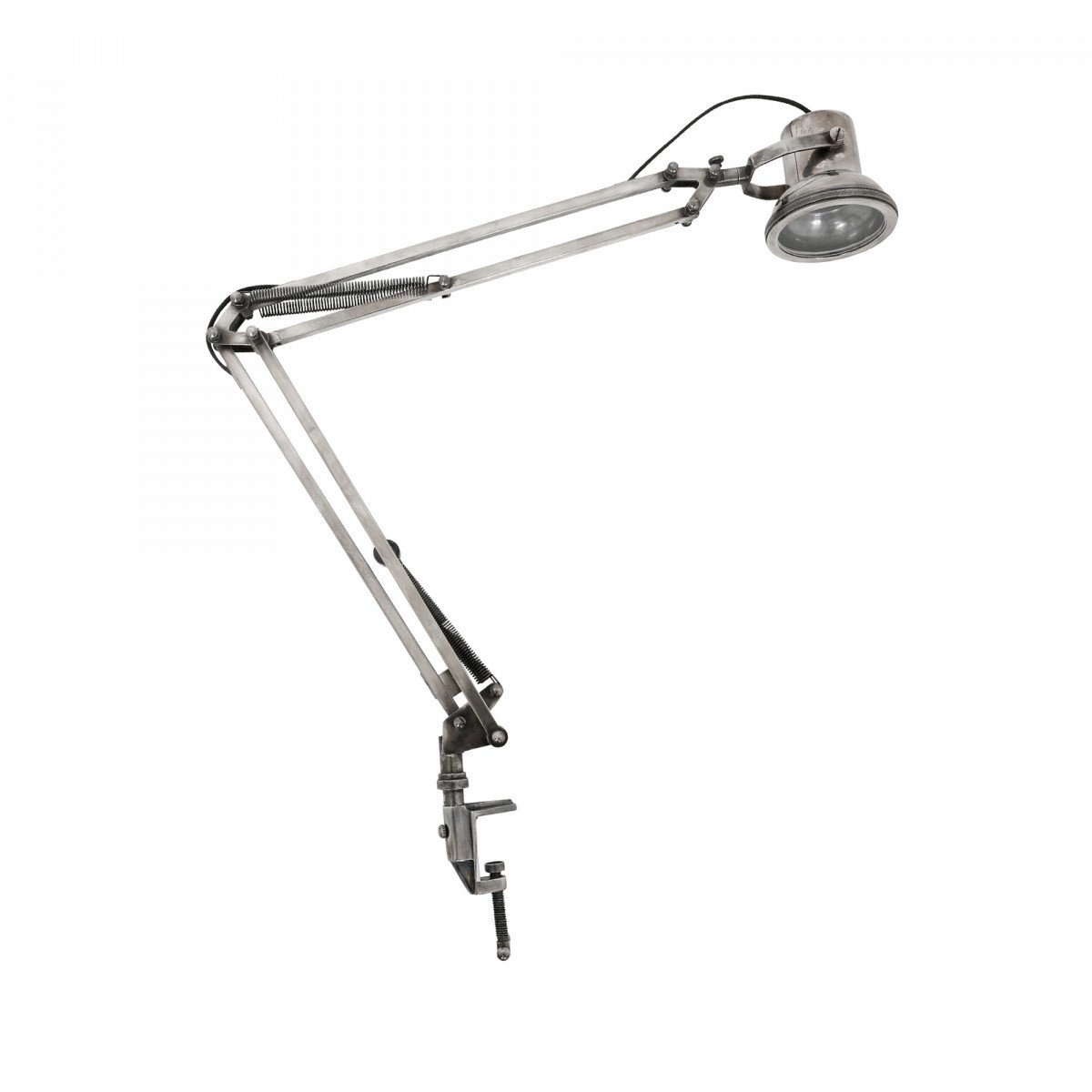 lampe de table industrielle en laiton avec vis de fixation et bras articulé, couleur argent