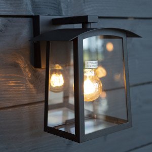 Lampe d'extérieur noire, design avec verre transparent, culot E27, ampoule visible, applique murale d'extérieur moderne